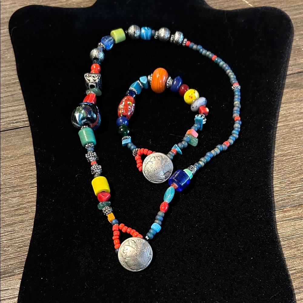 Indian head buffalo nickel Colorful Beaded Necklace and Bracelet Set stone glass